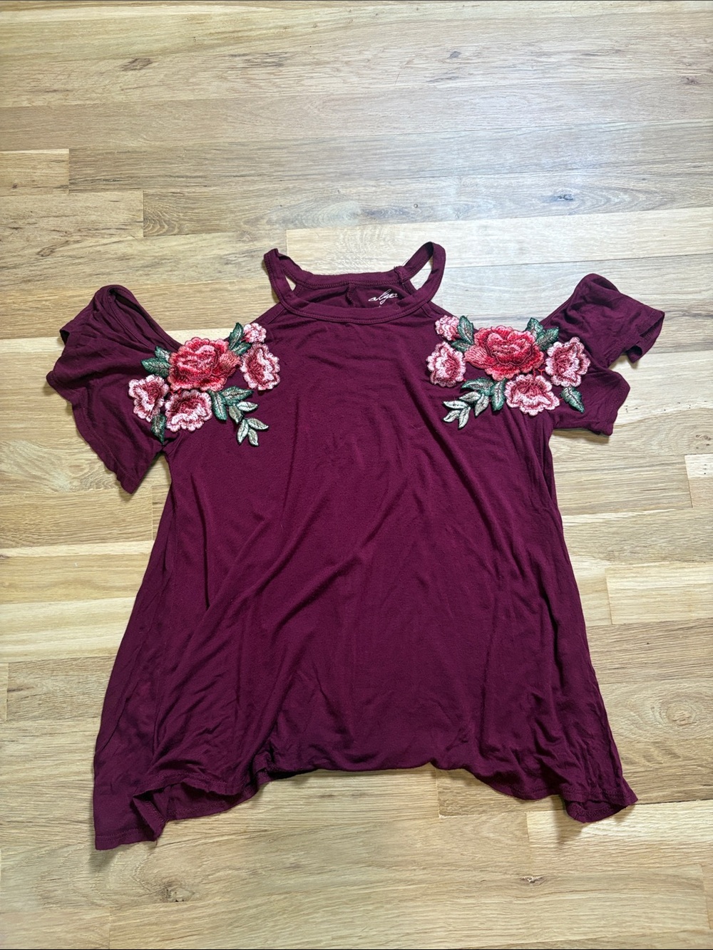 Alya Burgundy Cold-Shoulder Flowy Top with Floral Sleeve Embroidery